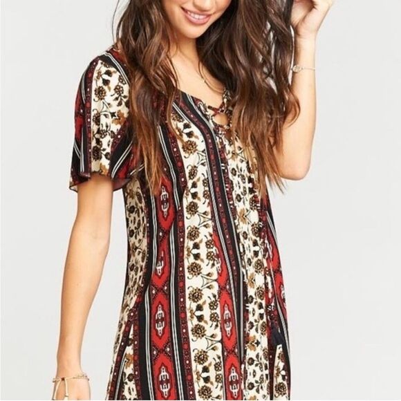 Show Me Your Mumu Matilda Patchwork Floral Lace Up Boho Mini Dress - Size XS - Picture 4 of 7
